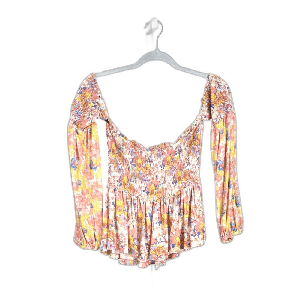 Conditions Apply Anthropologie Smocked Floral Orange Blouse Off Shoulder Size M